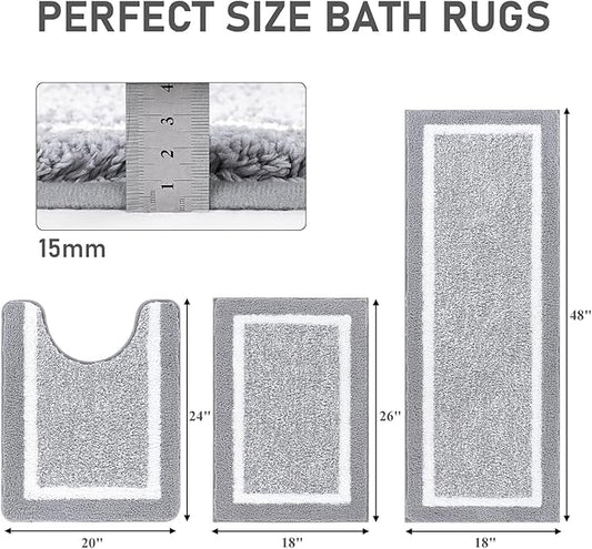 Pauwer Bathroom Rug Set 3 Piece, Non-Slip Absorbent Bath Mats, Microfiber Soft, Absorbent Plush Shaggy Carpets Includes U-Shaped Toilet Mat for Bath Floor, Shower, Light Grey