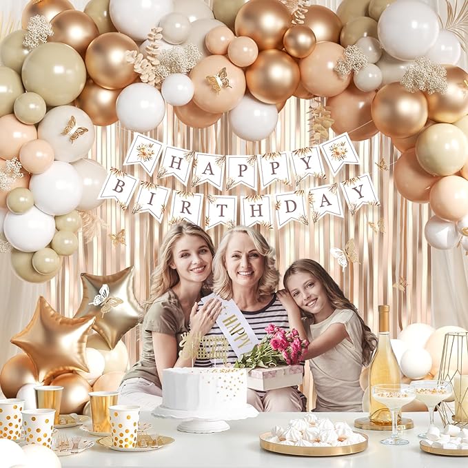 Beige Cream and Neutral Boho Birthday Party Decorations with Happy Birthday Banner, Beige Apricot Champagne Gold Balloons, Sash, Fringe Curtain, Cake Topper, Butterfly for Women Girls Party Supplies