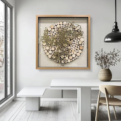 BrightA 3D Textured Wood Block Wall Art - Hand-Assembled Timber Base with Golden Vine Metal Accents, Tempered Glass & Solid Wood Frame Contemporary Decorfor Living Room Office 31.5"x31.5"
