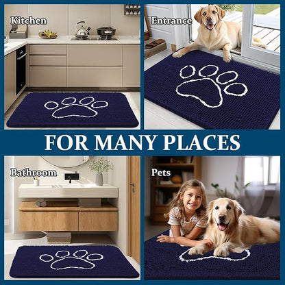 OLANLY Dog Door Mat for Muddy Paws 36x24, Paw Print Design, Absorbs Moisture and Dirt, Absorbent Non-Slip Washable Doormat, Quick Dry Chenille Mud Mat for Dogs, Entry Indoor Entryway Carpet, Navy Blue