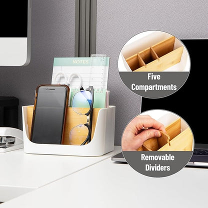 Mind Reader 5-Compartment Desktop Organizer, Adjustable Caddy, Plastic and Wood, White