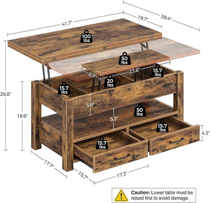 Rolanstar Coffee Table Lift Top, Multi-Function Convertible Coffee Table with Drawers and Hidden Compartment, Converts to Dining Table for Living Room, Home Office, Rustic Brown
