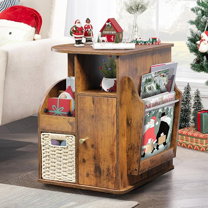 TooCust Rotating End Table with Storage, Swivel Side Table Living Room, Side Table with Magazine Holder, Basket and Cabinet, Sofa Side Farmhouse End Tables with Open Shelf (Rustic Brown)