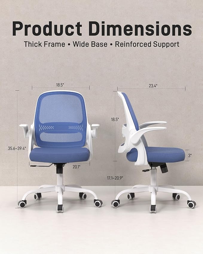 Ergonomic Mesh Office Chair for Home Office, Flip-Up Arms, Breathable Mesh Back & Thick Seat Cushion, Swivel Rolling Computer Desk Chair – BIFMA Certified, Supports 300 lbs (White Frame/Blue Seat)