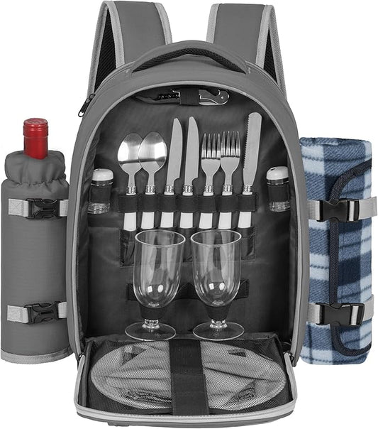 Picnic Backpack for 2 Persons with Insulated Leakproof Cooler Compartment, Cutlery Sets, Wine Holder, Fleece Blanket, Wedding Gifts for Couples, Perfect for Beach, Camping, Hiking, Grey