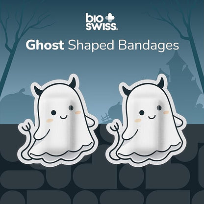 BioSwiss Kids Bandages, Halloween Ghost Shaped Self Adhesive Bandage Set, Latex Free, Sterile Wound Care, 24 Count