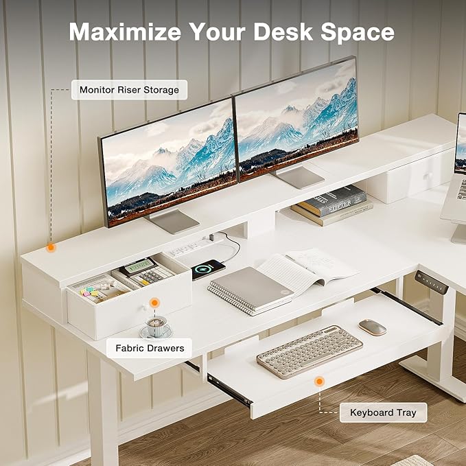 Casaottima 59 Inch Electric L-Shaped Standing Desk with Drawers, Height Adjustable Stand Up Corner Desk with Monitor Stand & Keyboard Tray, Lift Table for Home Office, Workstation, White