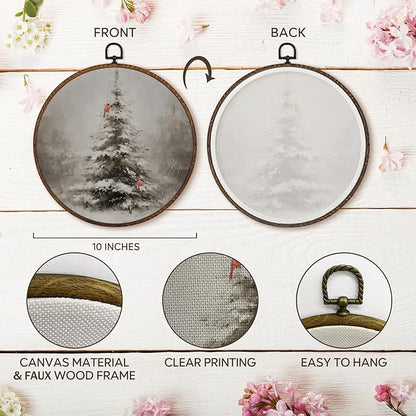 MOTERMATE Vintage Christmas Tree Cardinal Wall Art Decor Round Framed, Christmas Canvas Wall Art Artwork Prints, Rustic Farmhouse Winter Xmas Hanging Decor Decorations for Home Living Room, 10x10 Inch