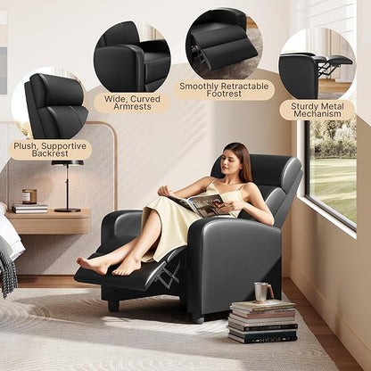 Yaheetech Living Room Chair for Adults, Adjustable Faux Leather Club Recliner Chair with Pocket Spring, Soft Foam Backrest Seat for Home/Theater/RV/Other Small Spaces, Dark Black