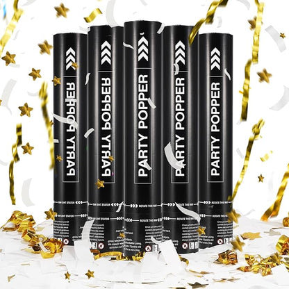 White Confetti Cannon,12Inch White Confetti Mix Gold confetti,5 Pack Confetti Poppers Air Powered For Wedding,Birthday,Celebrations and New Years Eve