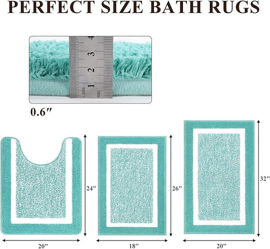 Pauwer 3-Piece Bathroom Shower Rug Set with U-Shaped Contour Toilet Mat, Absorbent Microfiber Plush Bath Mats, Non-Slip, Machine Washable Shaggy Bathroom Floor Mats, Teal