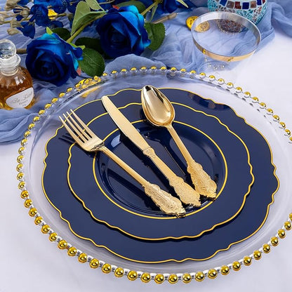 Liacere 350PCS Navy Blue Plastic Plates-Disposable Blue Gold Plates 50guest Plastic Dinnerware include 100Plates,50Pack Pre Rolled Napkins with Silverware 50Cups for Christmas ＆ Hanukkah