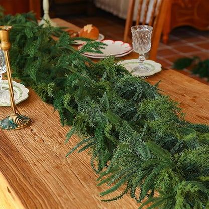 Norfolk Pine Garland Artificial Real Touch Green Thick Faux Norfolk Pine & Cedar 9FT Greenery Christmas Decor for Mantle Fireplace Wall Table Railings Indoor Outdoor Xmas Decorations