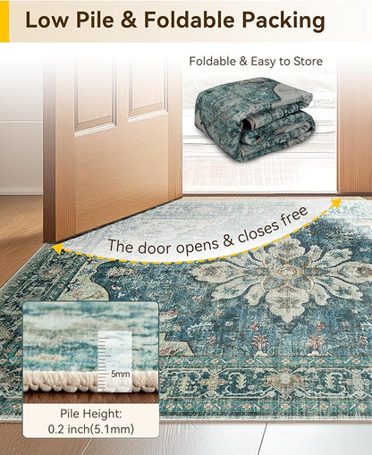 Area Rugs 2'6''x8' Runner Rug Non Slip Washable for Kitchen Hallway Bedroom Beside Laundry Room Bathroom Rug, Floor Carpet, Dark Blue Vintage