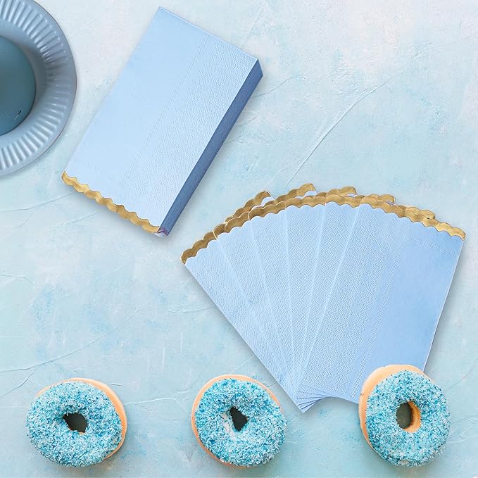 50 Pack Dinner Napkins Paper Decorative, Gold Foil Scalloped Edged Guest Napkins Disposable for Wedding, Shower Baby, Birthday Parties Supplies (4 x 8 In, Blue)