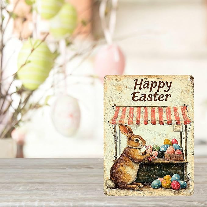 Metal Tin Sign Happy Easter Bunny Signs Vintage Wall Art Decor For Backyard Home Living Room Easter Garden Vintage Wall 12x16Inch