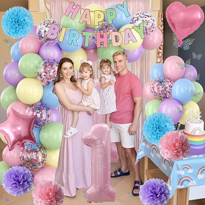 Pastel 1st Birthday Party Decorations for Girls Number 1 Balloon Happy Birthday Banner Butterfly Stickers Fringe Curtain Paper Pom Poms Macaron Pink Star Foil Colorful Balloons Baby 1 Year Old Decor