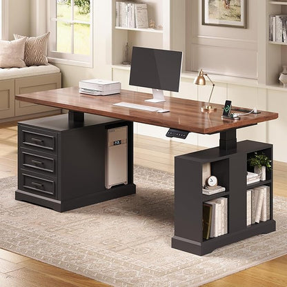 SEDETA Farmhouse Electric Standing Desk, 63" Height Adjustable Computer Desk with 3 Drawers, Storage Shelves, Power Outlets, Wood Home Office Stand up Desk for Work, Study, Writing, Black