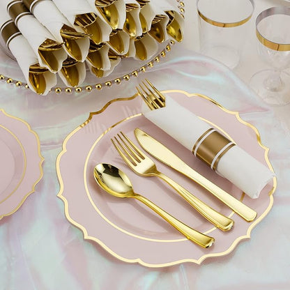50 Pack Pre Rolled Gold Plastic Silverware Set with Napkins,Disposable Wrapped Heavy Duty Cutlery Set for Wedding Birthday Party-50 Forks,Knives,Spoons,Napkins,Utensils Set,Plasticware Bulk