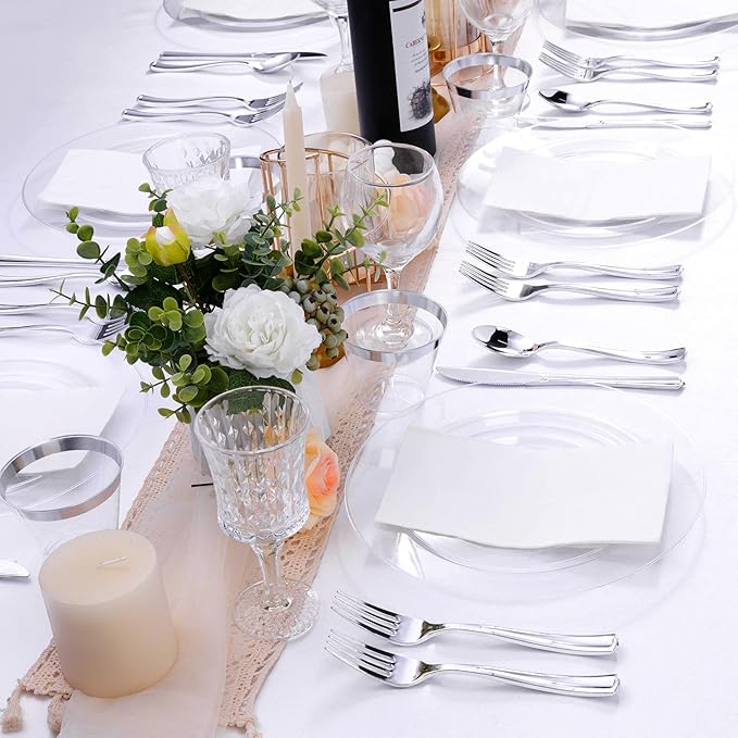 100PCS Clear Plastic Plates, Clear Disposable Plates for 50 Guests, 50 Dinner Plates 10.25 inch & 50 Dessert Plates 7.5 inch for Party, Graduation, Wedding