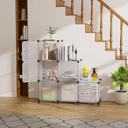 Cube Storage Organizer, 6-Cube Shelves Unit with Doors, DIY Stackable Plastic Clothes Organizer for Bedroom and Under Stairs Storage Unit, Each Compartment 30 x 30 x 30 cm Striped White