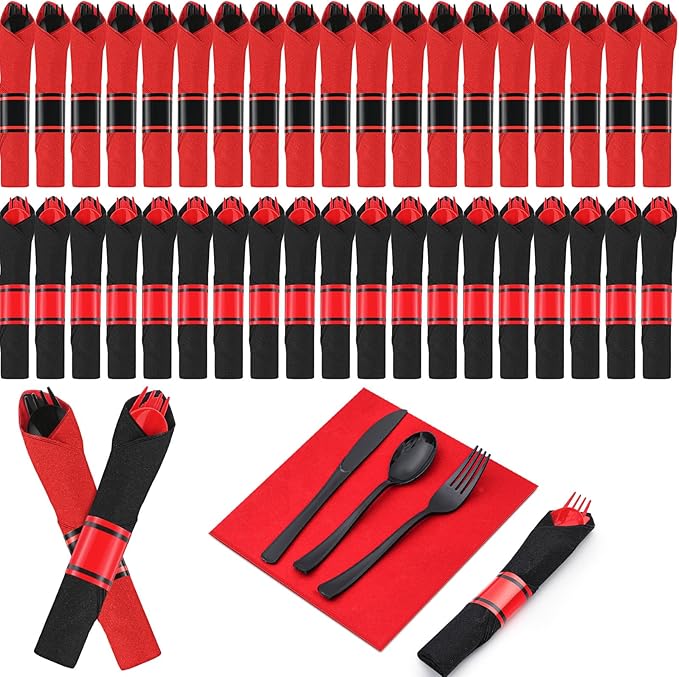 Lasnten 50 Pcs Pre-rolled Red and Black Plastic Silverware Set for 50 Guest Disposable Plastic Gothic Cutlery Set with Napkins for Red and Black Party Birthday Wedding Retirement Party Supplies