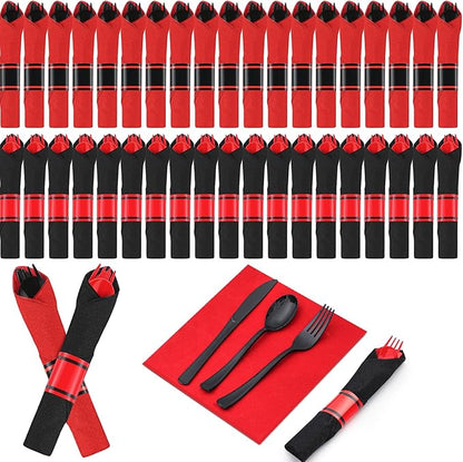 Lasnten 50 Pcs Pre-rolled Red and Black Plastic Silverware Set for 50 Guest Disposable Plastic Gothic Cutlery Set with Napkins for Red and Black Party Birthday Wedding Retirement Party Supplies