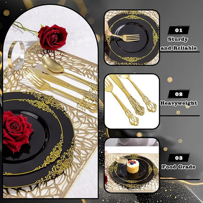 YOUBET 700PCS Black Plastic Plates - Black and Gold Plates - Gold Plastic Dinnerware Set Include 200 Disposable Plate, 300 Heavy Duty Silverware, 100 Cups, 100 Napkins for Wedding & Party New Year