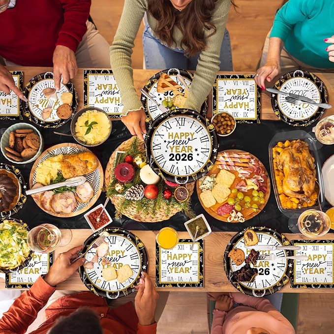 New Years Eve Party Supplies 2026-96 PCS Happy New Years Plates and Napkins Set-Nye Party Supplies Includes Happy New Year Plates Napkins Cups Nye Table Decorations 2026