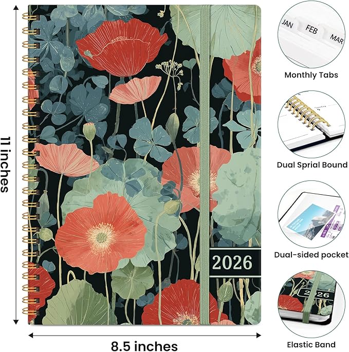 2026 Planner, Weekly and Monthly Planner for Women, Jan 2026 - Dec 2026 Pretty 2026 Calendar Planner with Monthly Tabs, Inner Pocket, Spiral Binding, Perfect for Office Home School - 8.5" x 11", Poppy Garden