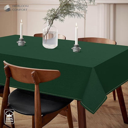 Forest Green Cotton Tablecloth, Table Cover 52x70 Inch, Fits 4-6 Seats, Soft, Durable, Washable, Wrinkle Resistant, Rectangle Table Cloth for Dining, Christmas, Winter Celebrations