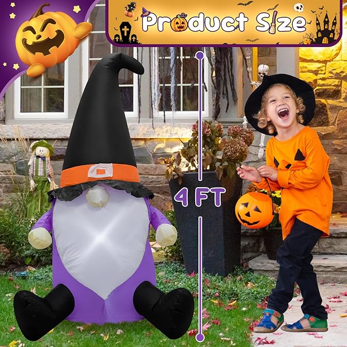 4FT Gnome Halloween Inflatable Helloween Goblin Decoration Halloween Blow Up Decor with LED Lights Indoor Outdoor Graden Yard Party Holiday Decor