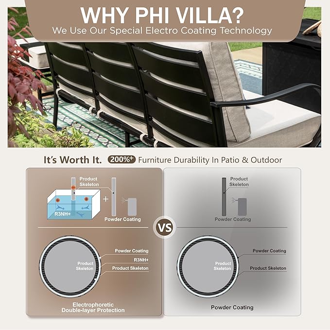 PHI VILLA 8 PCS Patio Furniture Set with 1 x 45 FirePit Table, 1 x 72 Sofa Bench, 4 x Armrest Sofa Chairs and 2 x Metal Cushioned Ottoman
