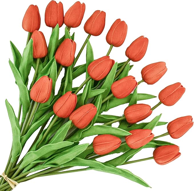 ONLY ART Artificial Burnt Orange Tulips 20 Pcs – 13.5 Inch PU Faux Flowers with Bendable Stems for Home Décor, Wedding Centerpieces, DIY Floral Arrangements, Table Decorations
