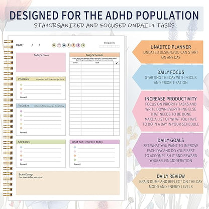 ADHD Daily Planner - Productivity Planner & Undated Task Management Organizer for Neurodivergent Adults, Focused Planners for Men & Women - B5 Blue Flowers