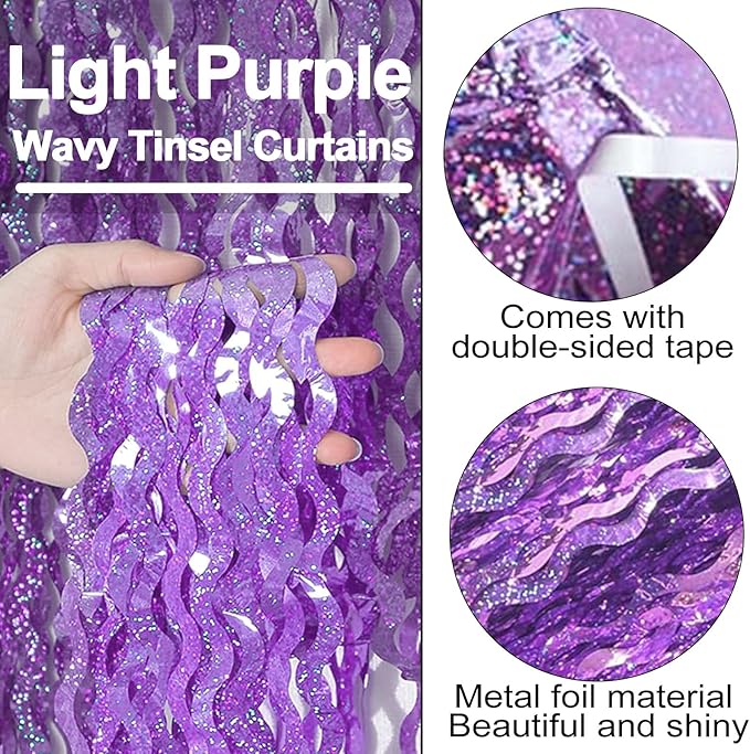 4 Pack Light Purple Fringe Curtain Backdrop 3.2Ft x 8.2Ft Metallic Tinsel Foil Fringe Streamers Background for Photo Booth, Easter, Mother's Day, Bachelorette, Wedding, Birthday Party Decoration