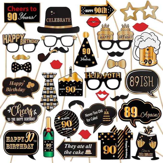 LINGTEER Happy 90th Birthday Party Photo Booth Props,Cheers to 90th Birthday Ninety Years Old Bday Party Centerpieces Props Decorations Sign.