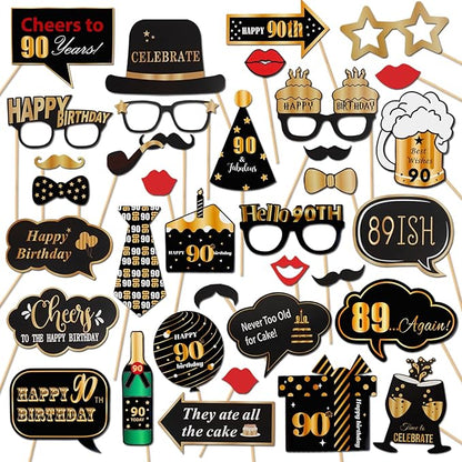 LINGTEER Happy 90th Birthday Party Photo Booth Props,Cheers to 90th Birthday Ninety Years Old Bday Party Centerpieces Props Decorations Sign.