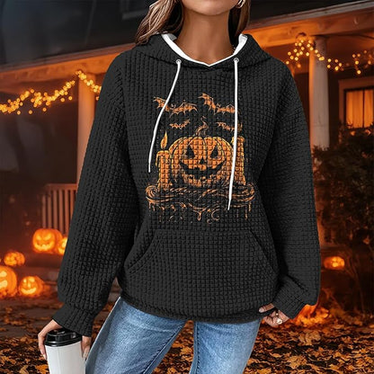 Halloween Sweatshirts for Women Novelty Graphic Drawstring Waffle Hoodies Loose Casual Pullover Tops with Pocket