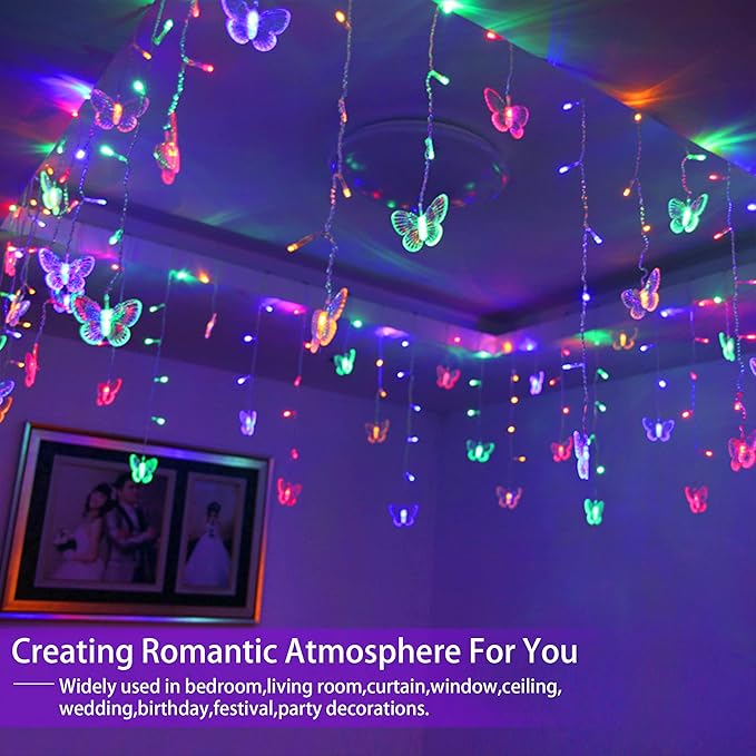Butterfly Curtain Fairy Lights USB Plug in,120 LED 8 Modes 20FT Firefly Twinkle Icicle String Lights with Remote Timer Waterproof Copper Wire for Bedroom Patio Christmas Wedding Party Dorm(Multicolor)