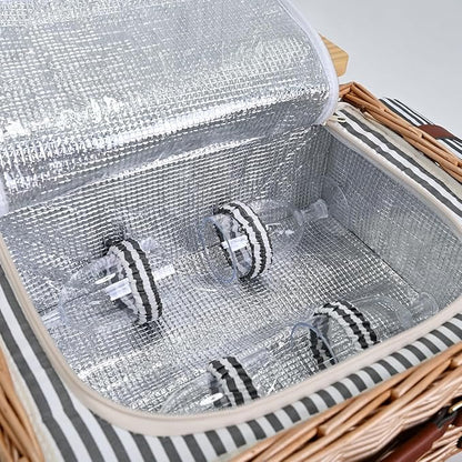 Multifunctional Wicker Picnic Basket Set for 4 with Blanket and Picnic Table, Insulated Picnic Set with Full Tablewares for Camping Outdoor Couples, Stripes