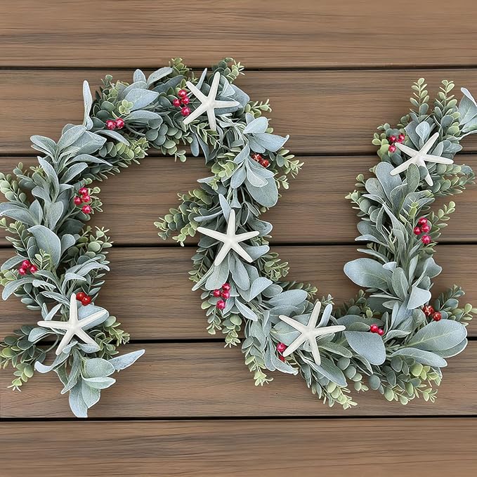 6 Feet Natural Starfish Christmas Garland for Mantle Sea Star Fish Artificial Garland with Lamb's Ear Leaves Pinecone Red Berries for Home Kitchen Cabinet Christmas Tree Farmhouse Porch Fireplace