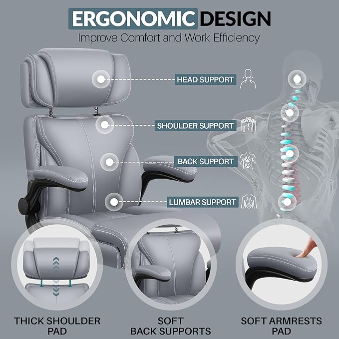 Office Chair, Ergonomic Big and Tall Computer Desk Chair with Retractable Adjustable Headrest, Executive Breathable Leather Chair, Lumbar Support Swivel PC Chair with Flip-up Armrests Rocking Function