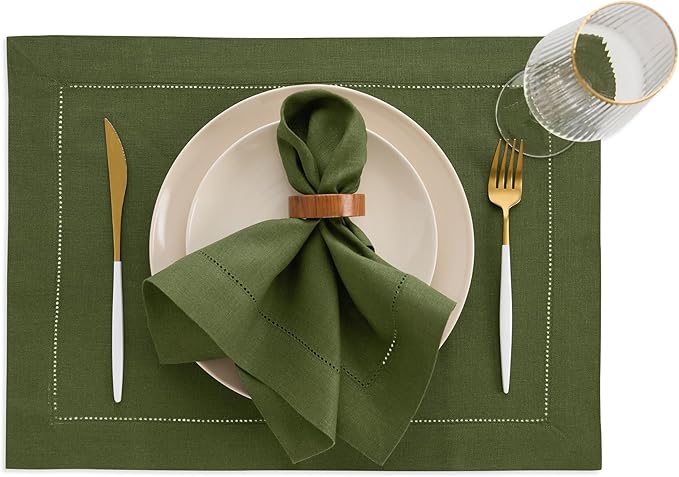 Solino Home Linen Cloth Placemats Set of 4-100% Pure Linen Hemstitch Olive Placemats 14 x 19 Inch - Classic Hemstitch Table Place Mats for Fall, Autumn, Christmas, New Year