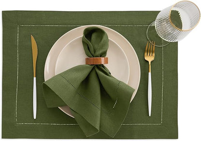 Solino Home Linen Cloth Placemats Set of 4-100% Pure Linen Hemstitch Olive Placemats 14 x 19 Inch - Classic Hemstitch Table Place Mats for Fall, Autumn, Christmas, New Year