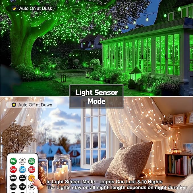 HXWEIYE Rechargeable Fairy Lights with Remote, 2 Pack 33ft 100LED Twinkle Lights with DIY Timer & Light Sensor, Waterproof Outdoor String Lights for Bedroom Patio Christmas Tree Decor, Green