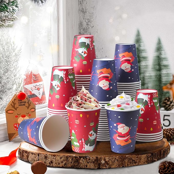 100 Pack 12 oz Christmas Coffee Cups, Disposable Paper Coffee Cups for Hot/Cold Drinks Office Home Shop Event (Two Colors)