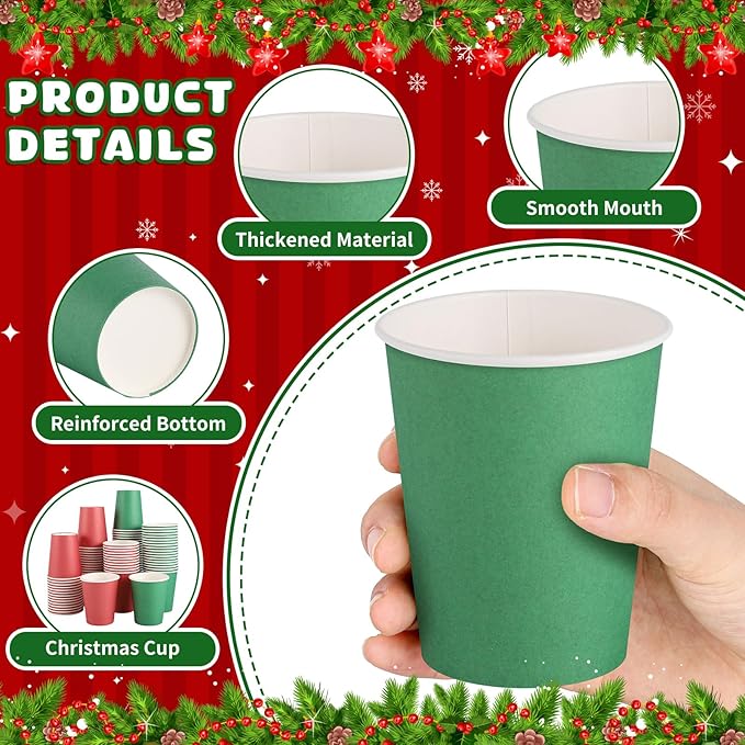100 Pack Red Green Paper Cups, 9oz Christmas Party Cups Bulk Paper Cups, Disposable Drinking Cups for Birthday Holiday Christmas Party Supplies, 2 Colors
