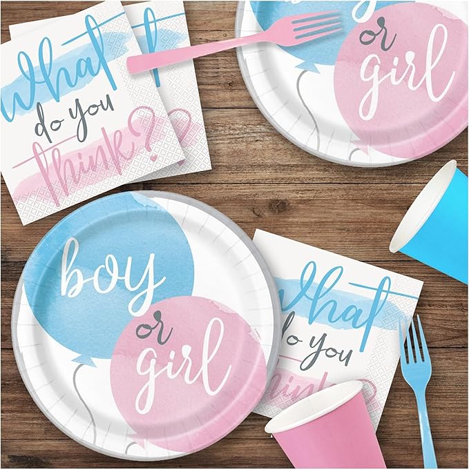 HOME & HOOPLA Baby Shower Gender Reveal Party Pink & Blue Watercolor Paper Dinner Plates and Lunch Napkins (Serves 16)