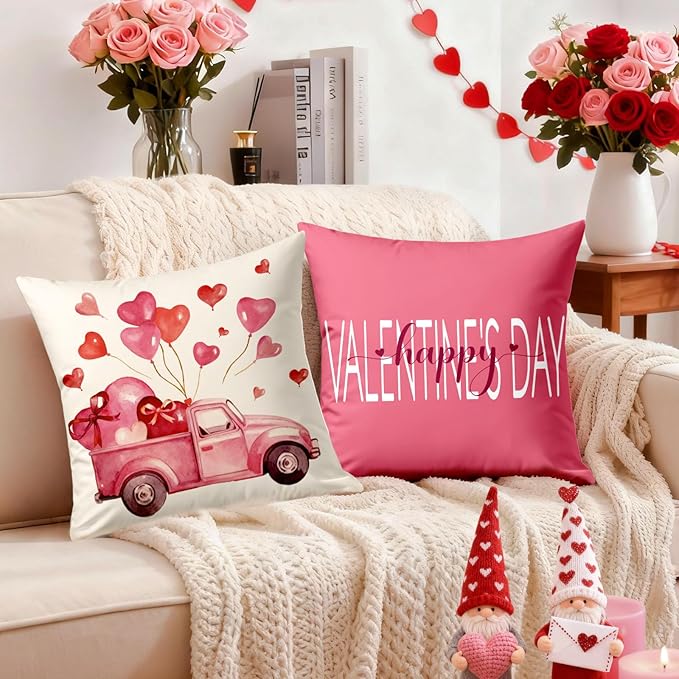Valentines Day Decorations-Valentine Pillow Covers 18x18 Set of 4, Pink Hearts Love You Happy Valentine's Day Throw Outdoor Pillow Covers Anniversary Wedding Cushion Case for Home Sofa Couch Décor